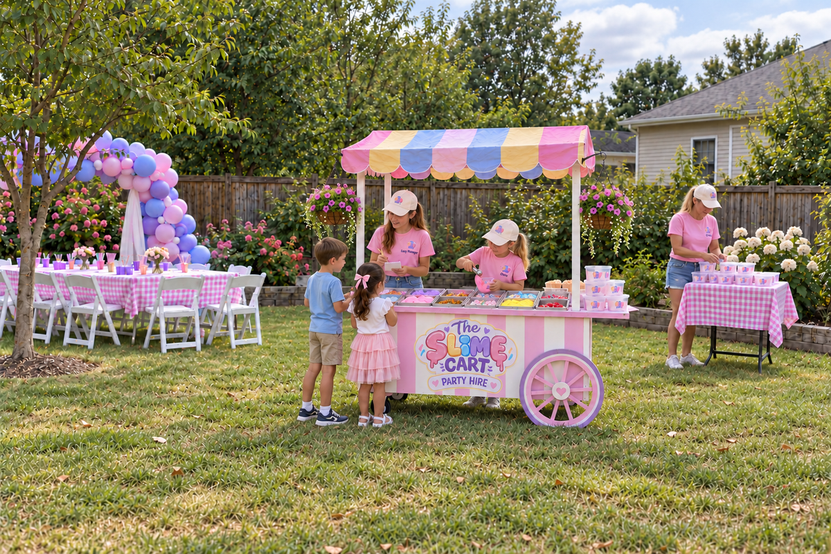 Rachel takes orders from a boy and girl while Charlie scoops slime and Mum prepares containers beside The Slime Cart at a backyard party